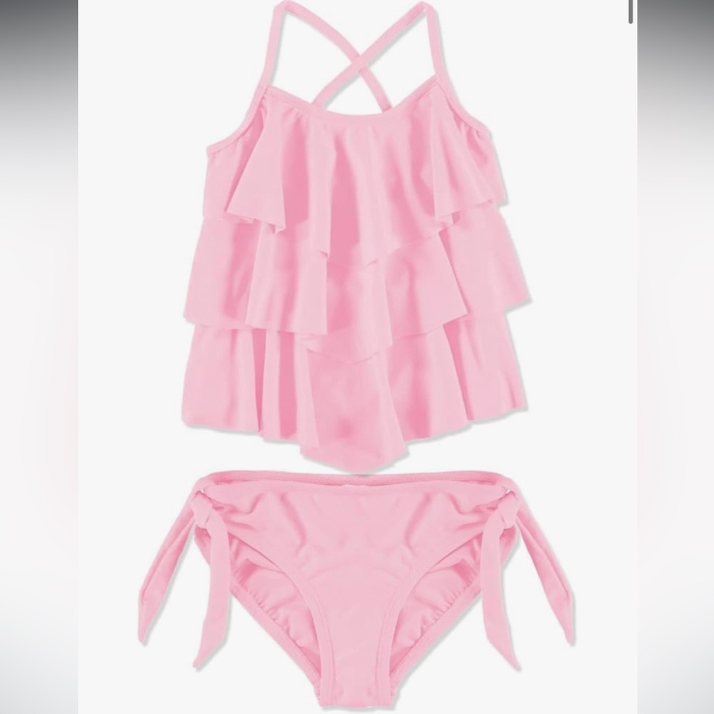 NWT Pink UPF 50 Ruffled Tankini Swimsuit, Girls 12